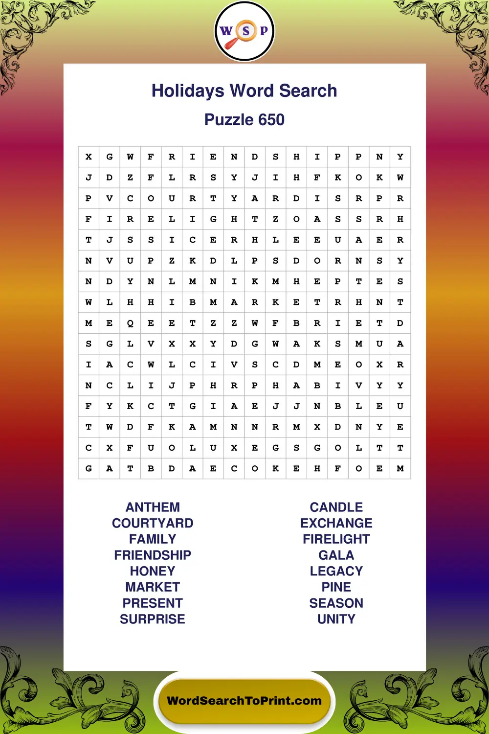 Holidays Word Search Puzzle 650