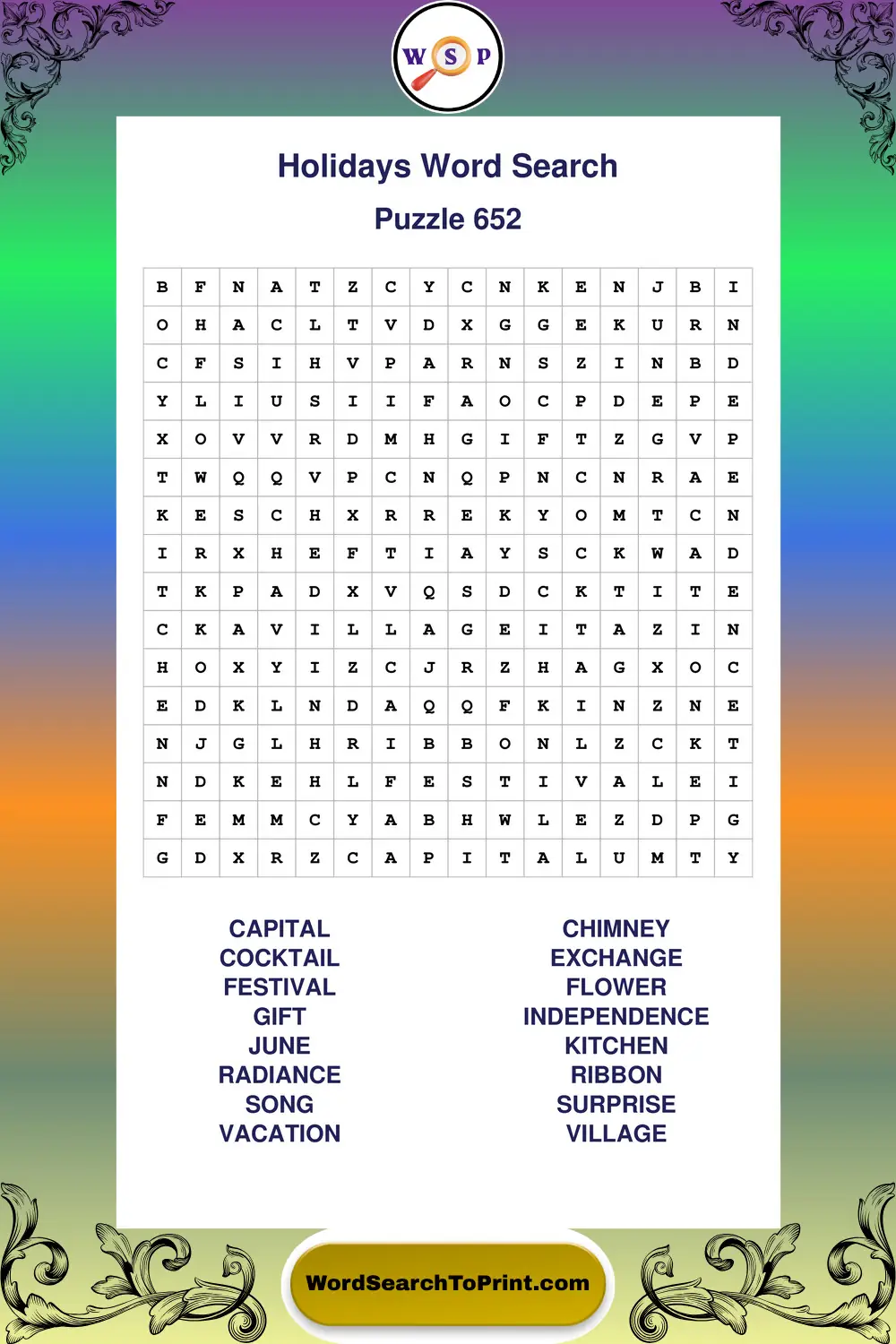 Holidays Word Search Puzzle 652