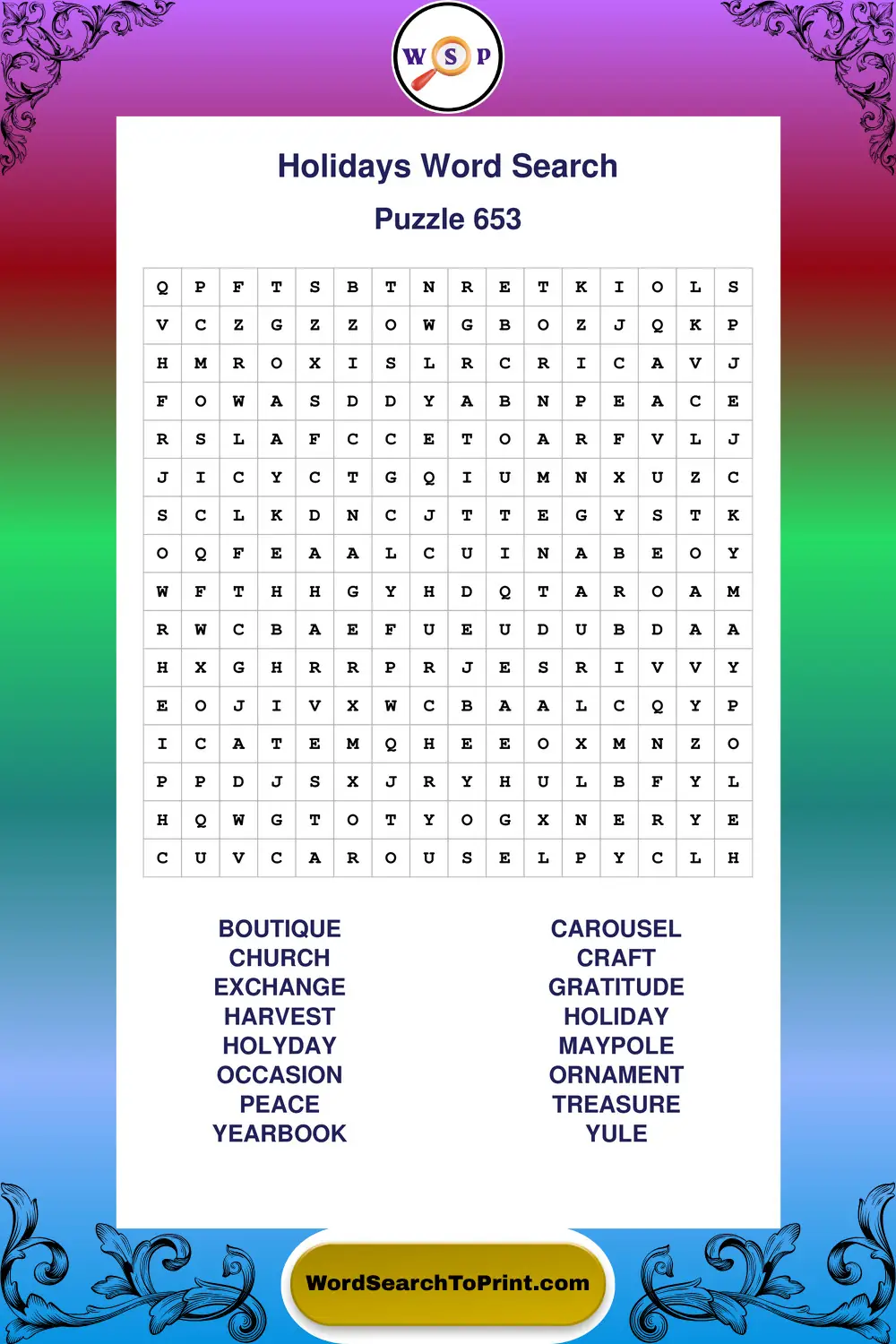 Holidays Word Search Puzzle 653