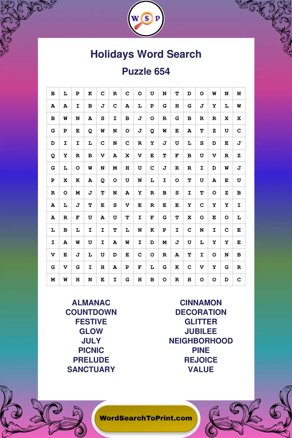 Holidays Word Search Puzzle 654