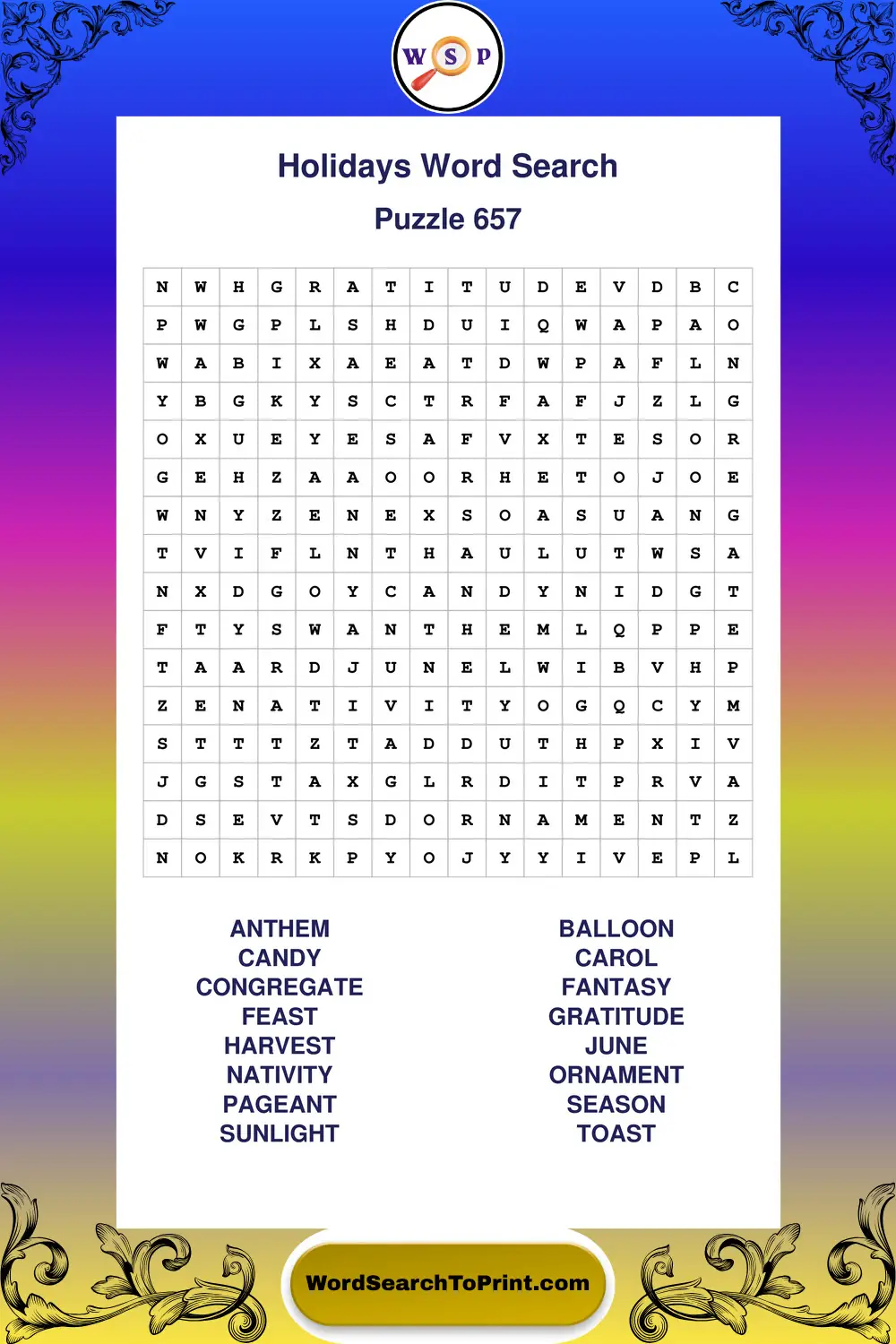 Holidays Word Search Puzzle 657