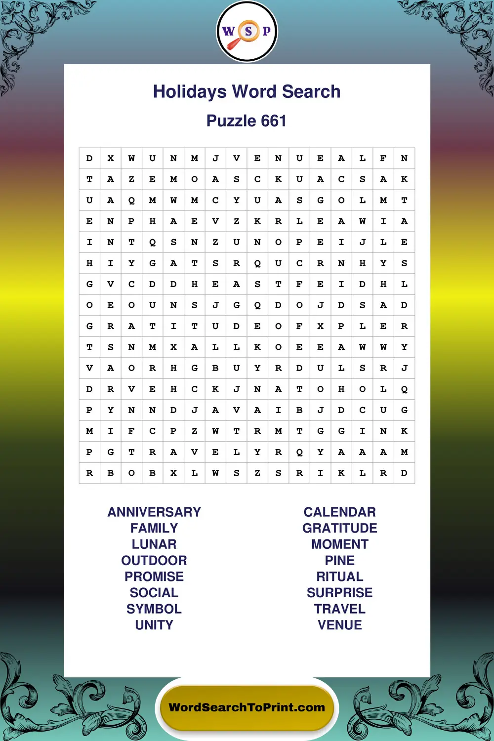 Holidays Word Search Puzzle 661