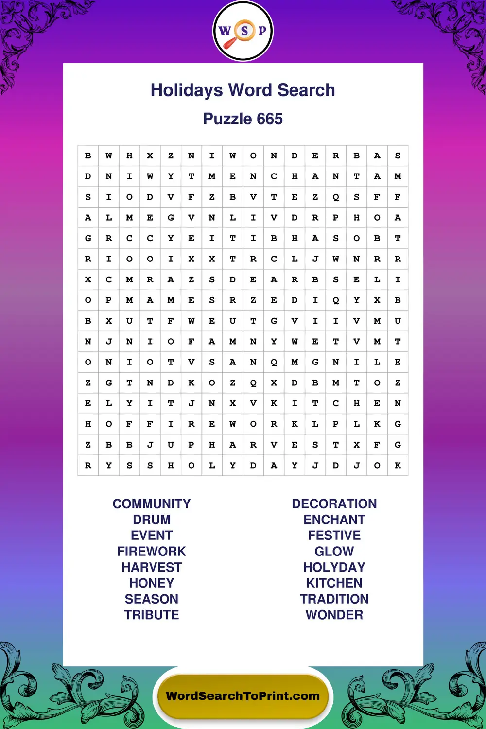 Holidays Word Search Puzzle 665
