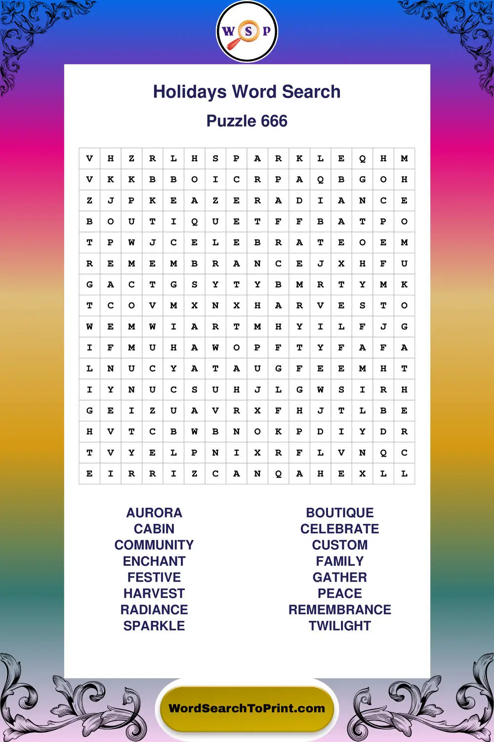 Holidays Word Search Puzzle 666