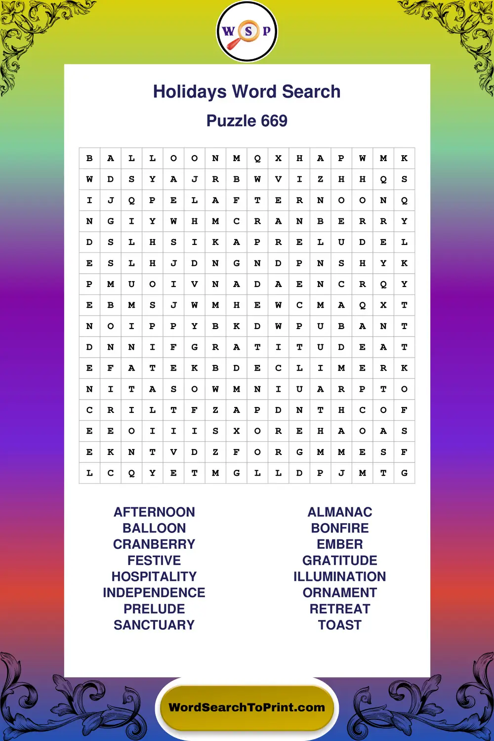 Holidays Word Search Puzzle 669