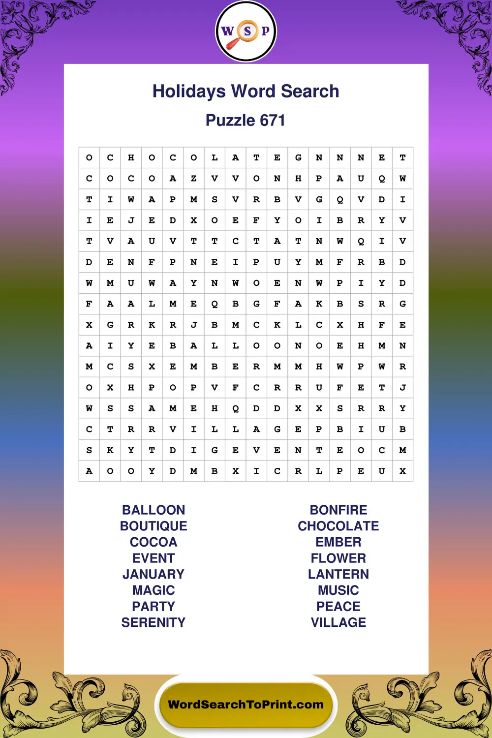 Holidays Word Search Puzzle 671