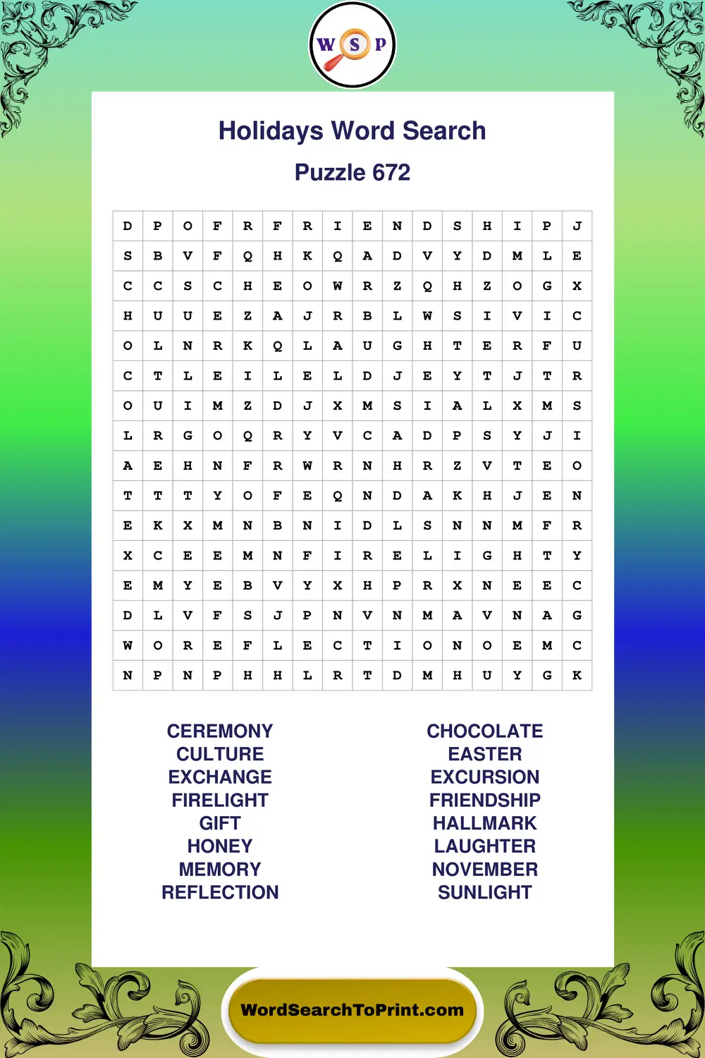 Holidays Word Search Puzzle 672