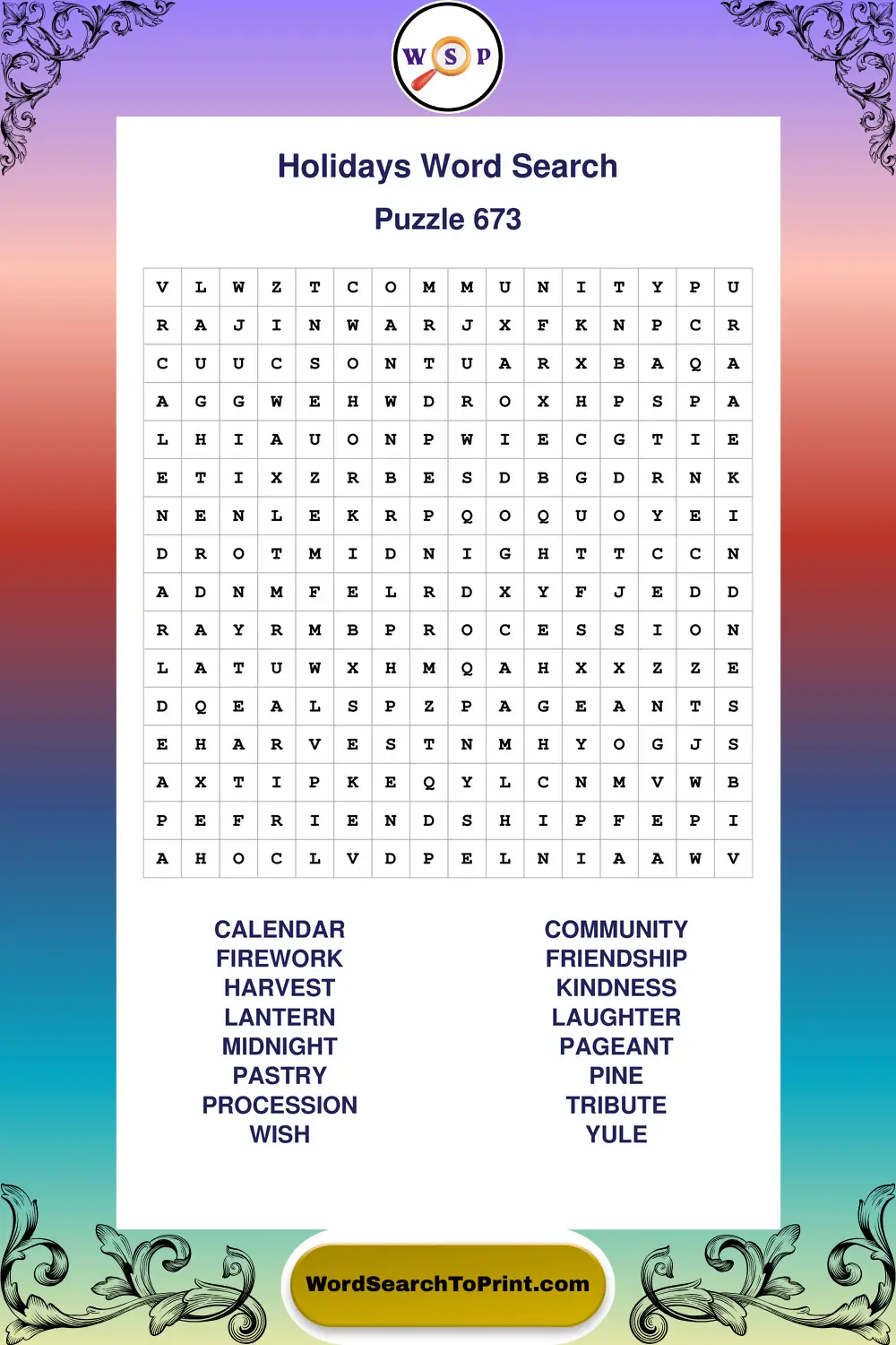 Holidays Word Search Puzzle 673