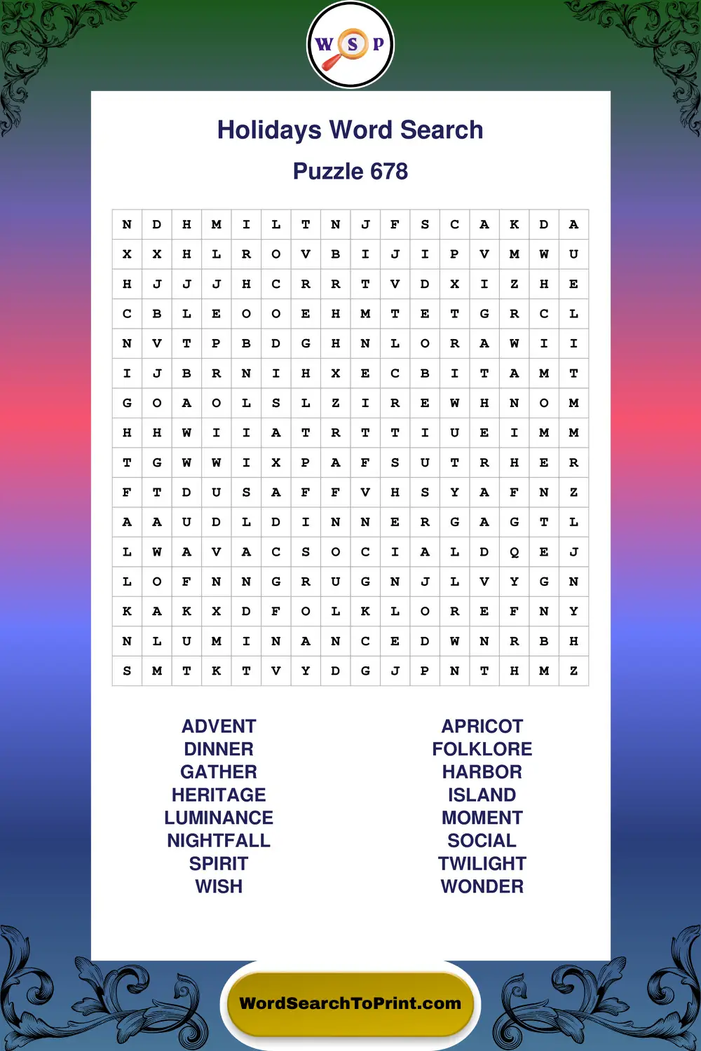 Holidays Word Search Puzzle 678