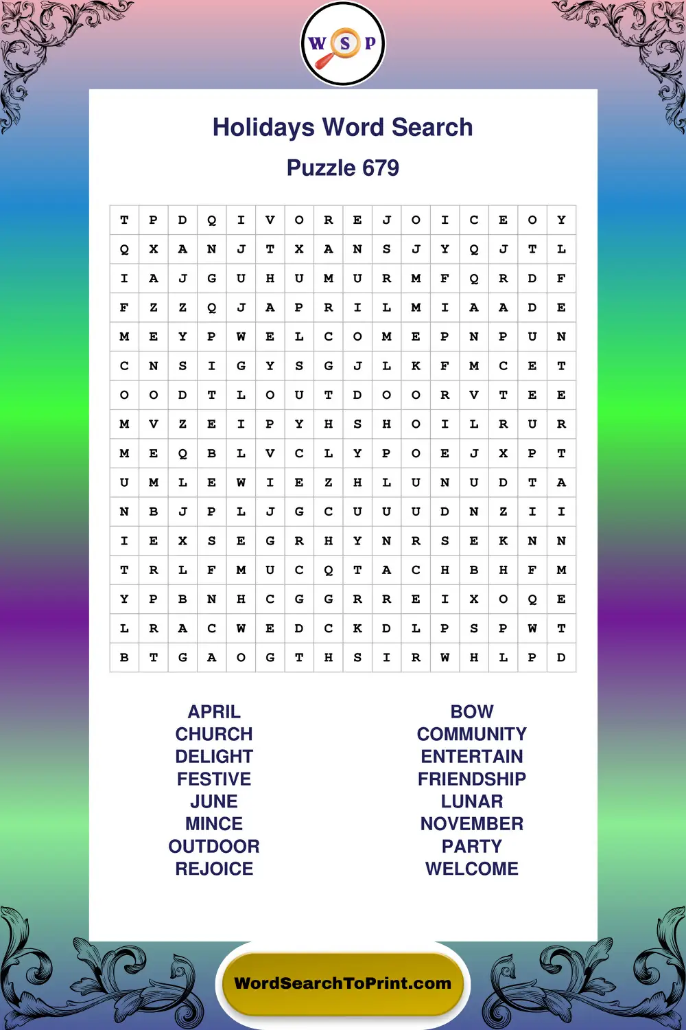 Holidays Word Search Puzzle 679