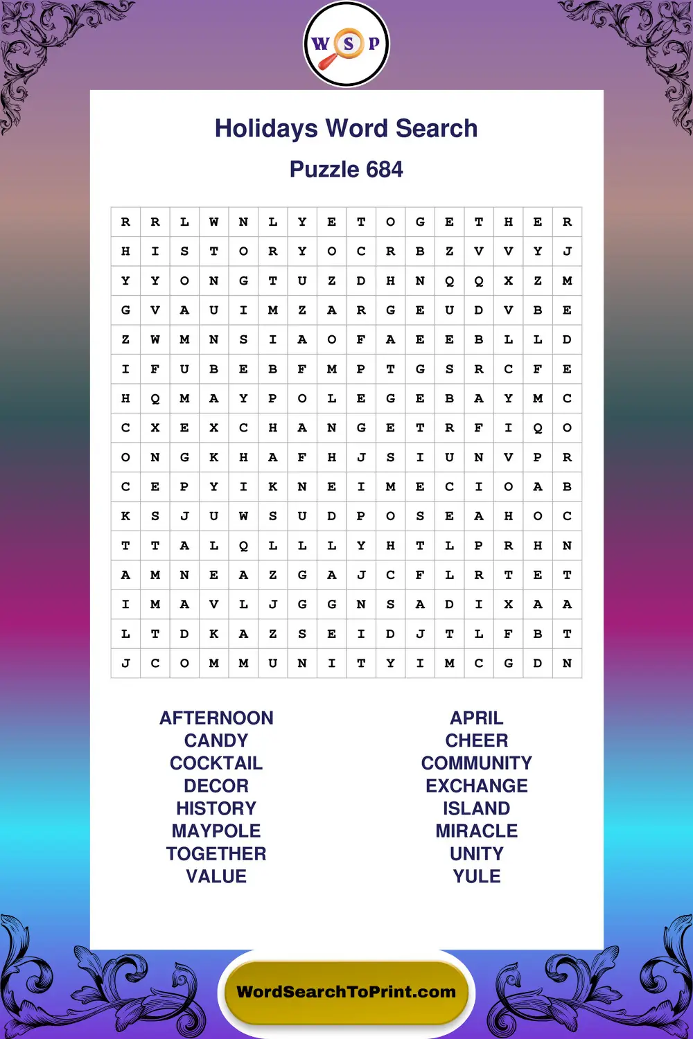 Holidays Word Search Puzzle 684