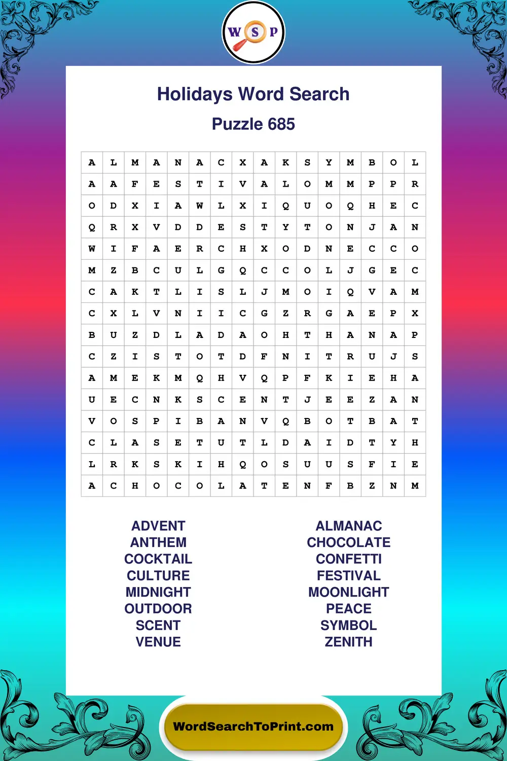 Holidays Word Search Puzzle 685