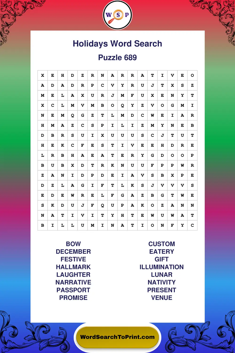Holidays Word Search Puzzle 689