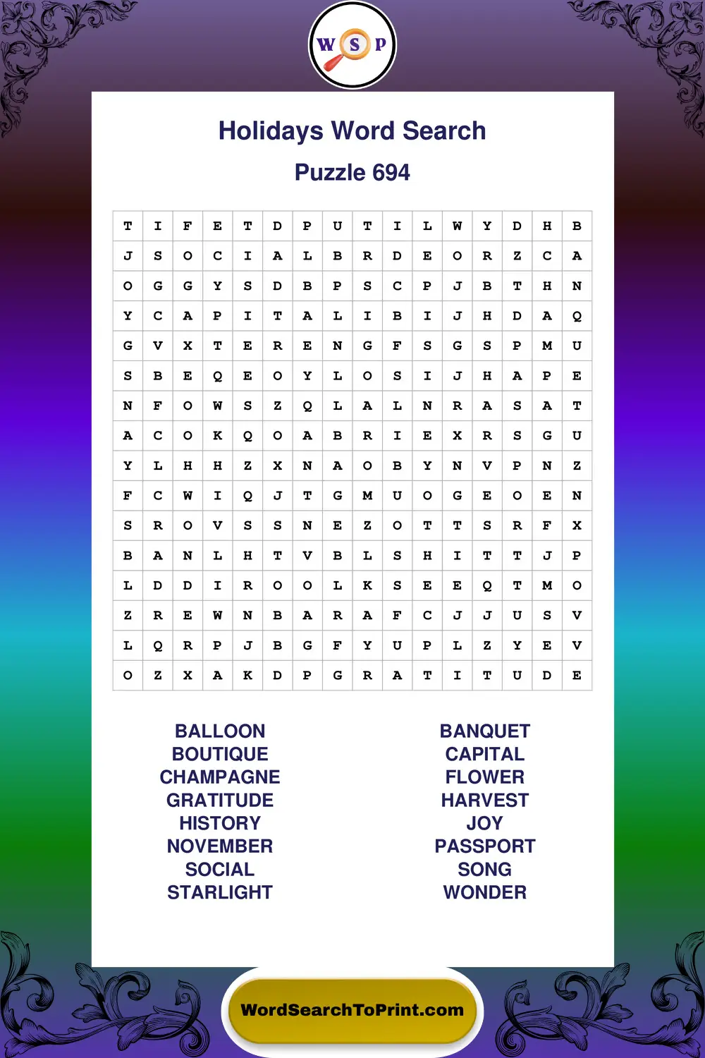 Holidays Word Search Puzzle 694