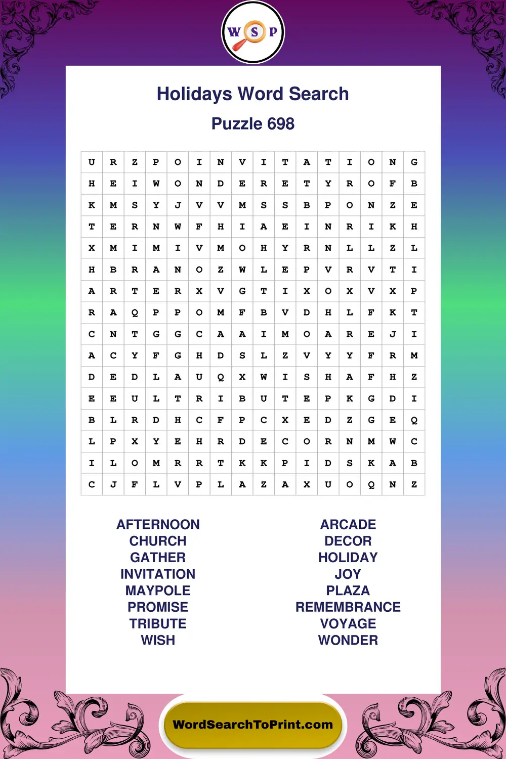 Holidays Word Search Puzzle 698