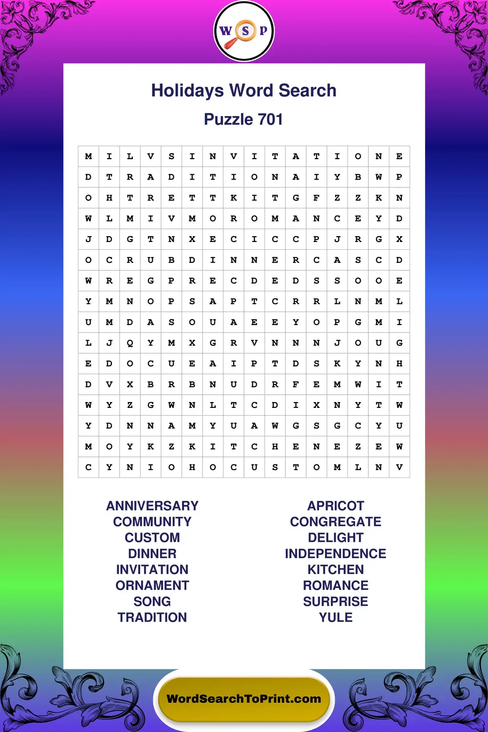 Holidays Word Search Puzzle 701