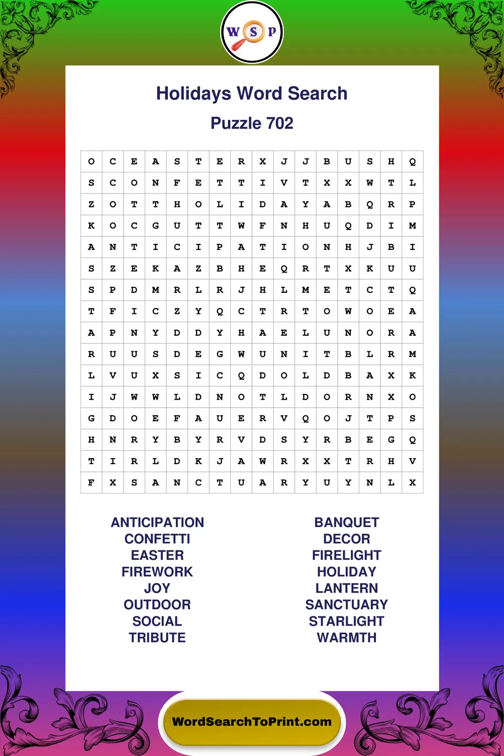 Holidays Word Search Puzzle 702