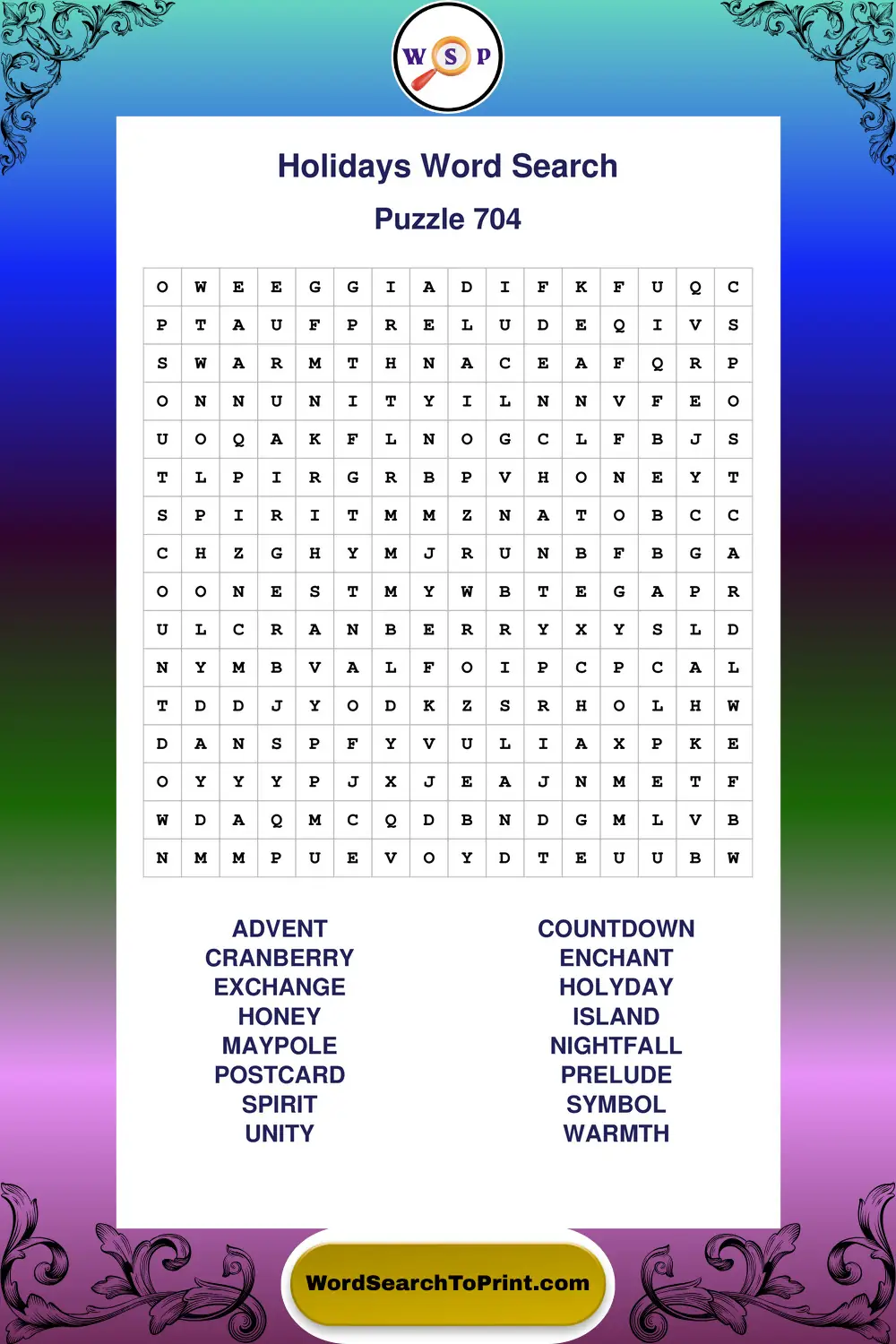 Holidays Word Search Puzzle 704