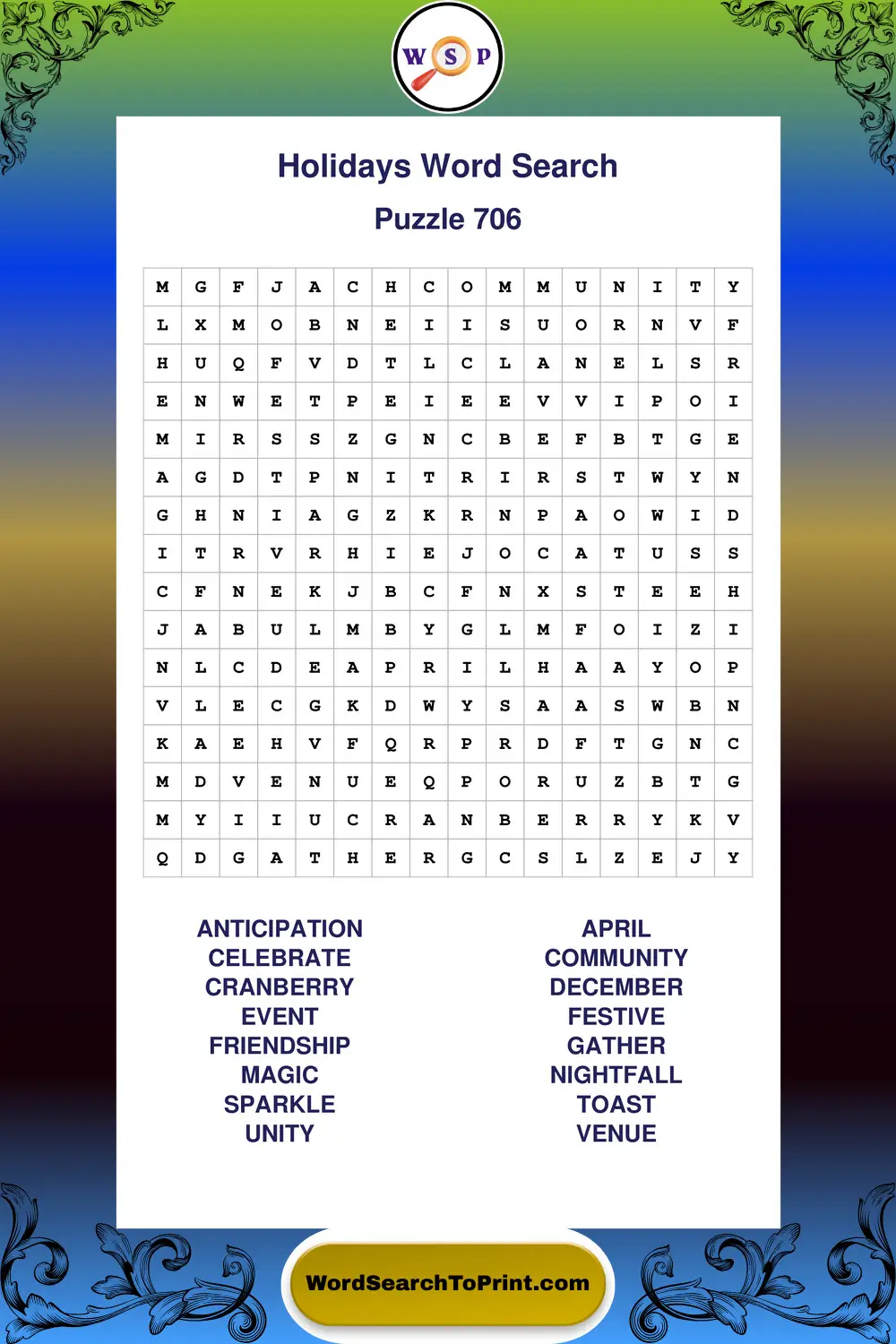 Holidays Word Search Puzzle 706