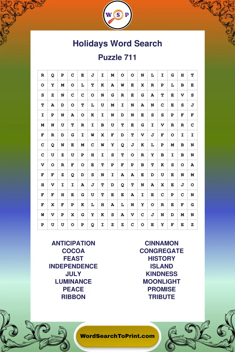Holidays Word Search Puzzle 711