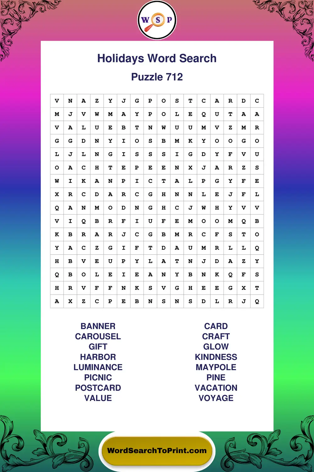 Holidays Word Search Puzzle 712