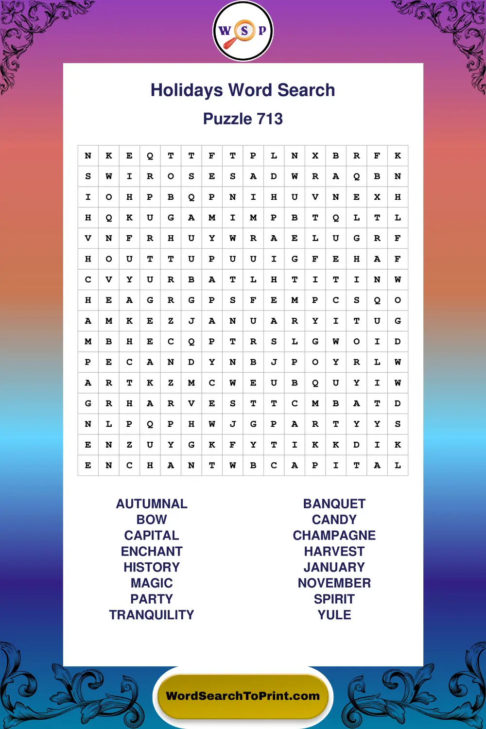 Holidays Word Search Puzzle 713