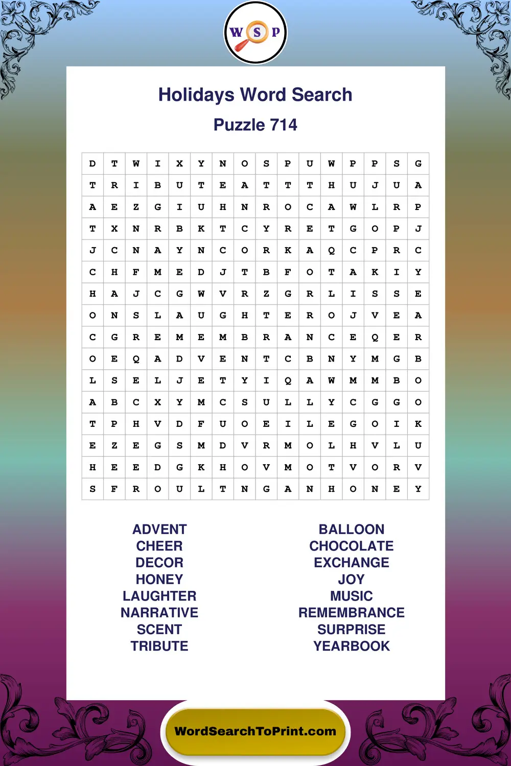 Holidays Word Search Puzzle 714