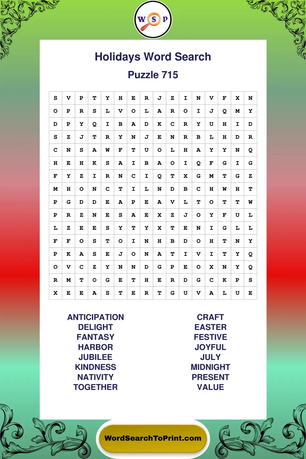 Holidays Word Search Puzzle 715