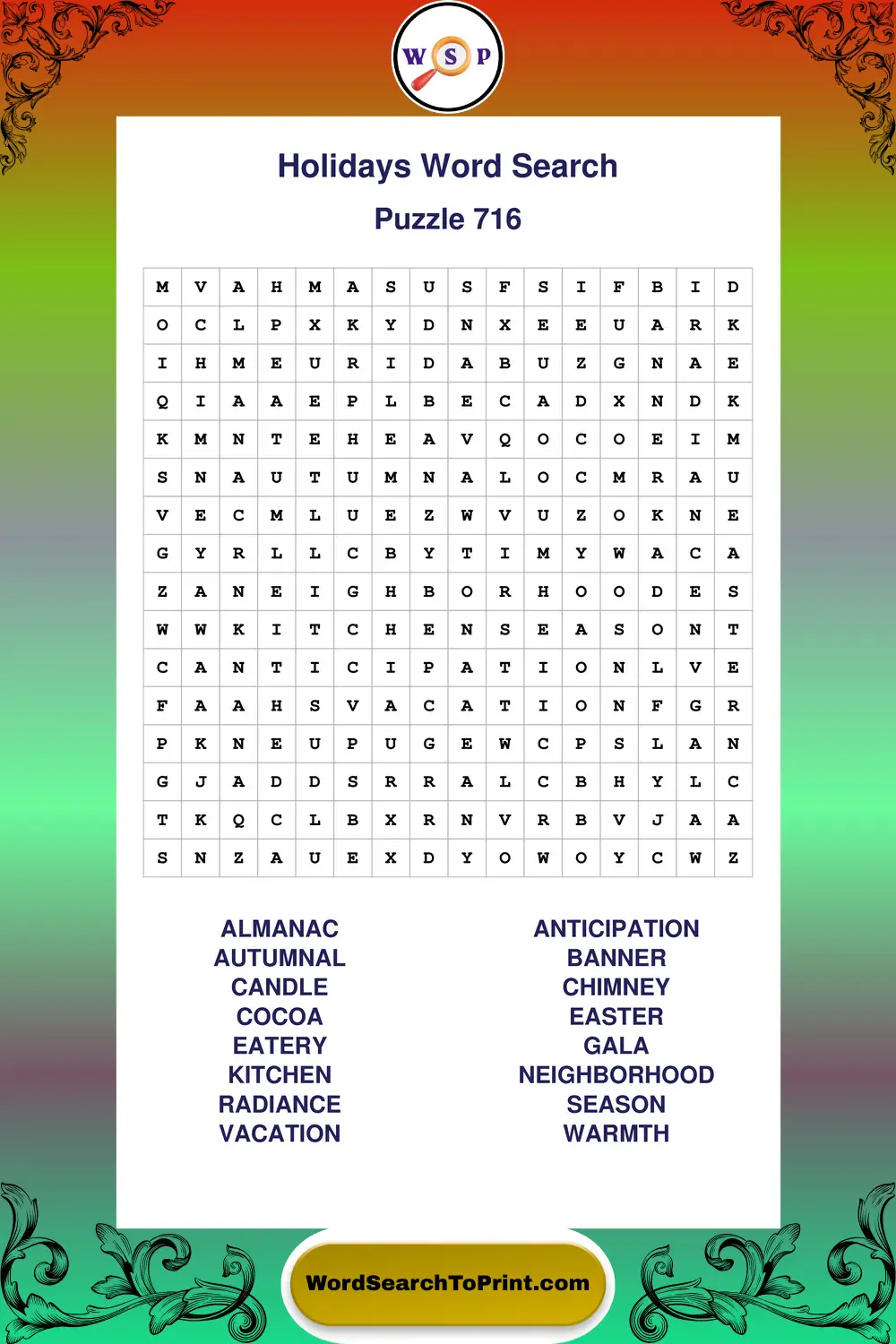 Holidays Word Search Puzzle 716