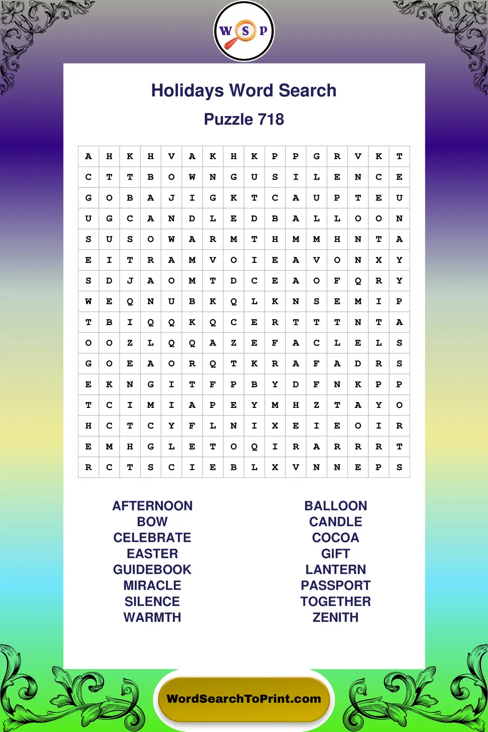 Holidays Word Search Puzzle 718