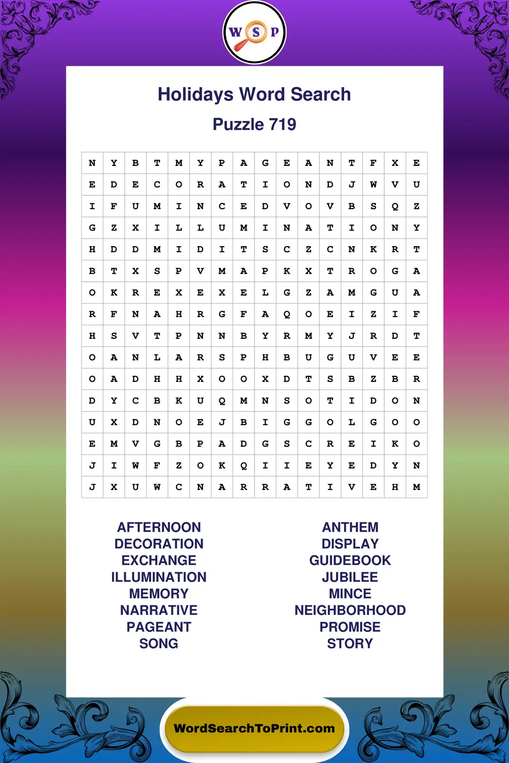 Holidays Word Search Puzzle 719