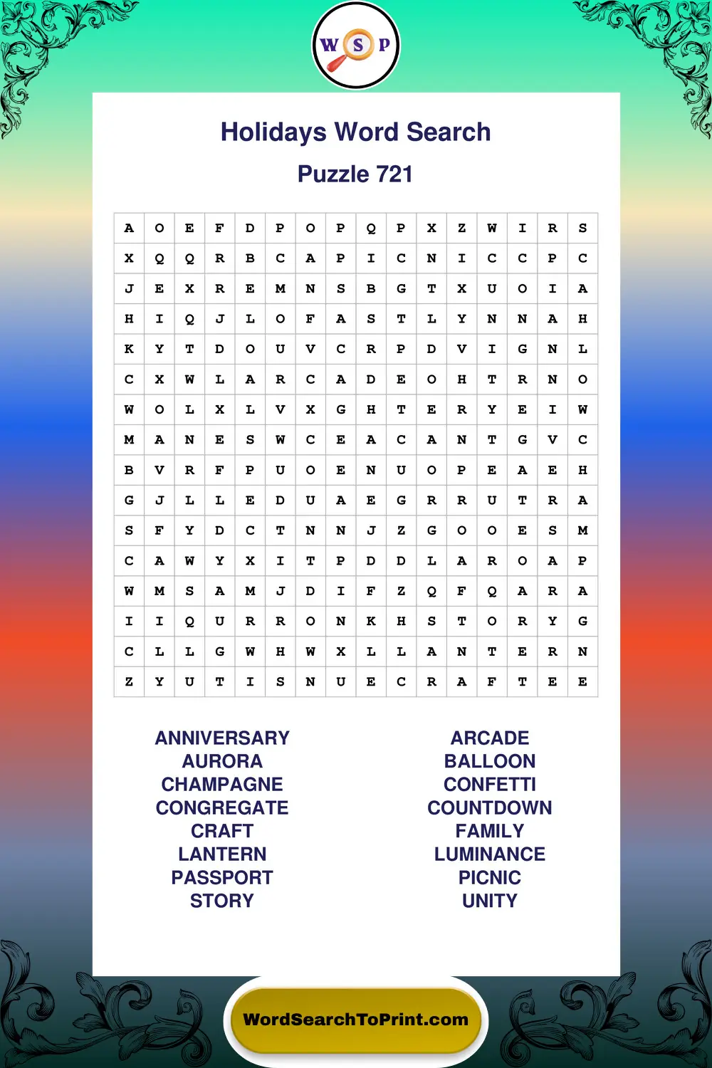 Holidays Word Search Puzzle 721