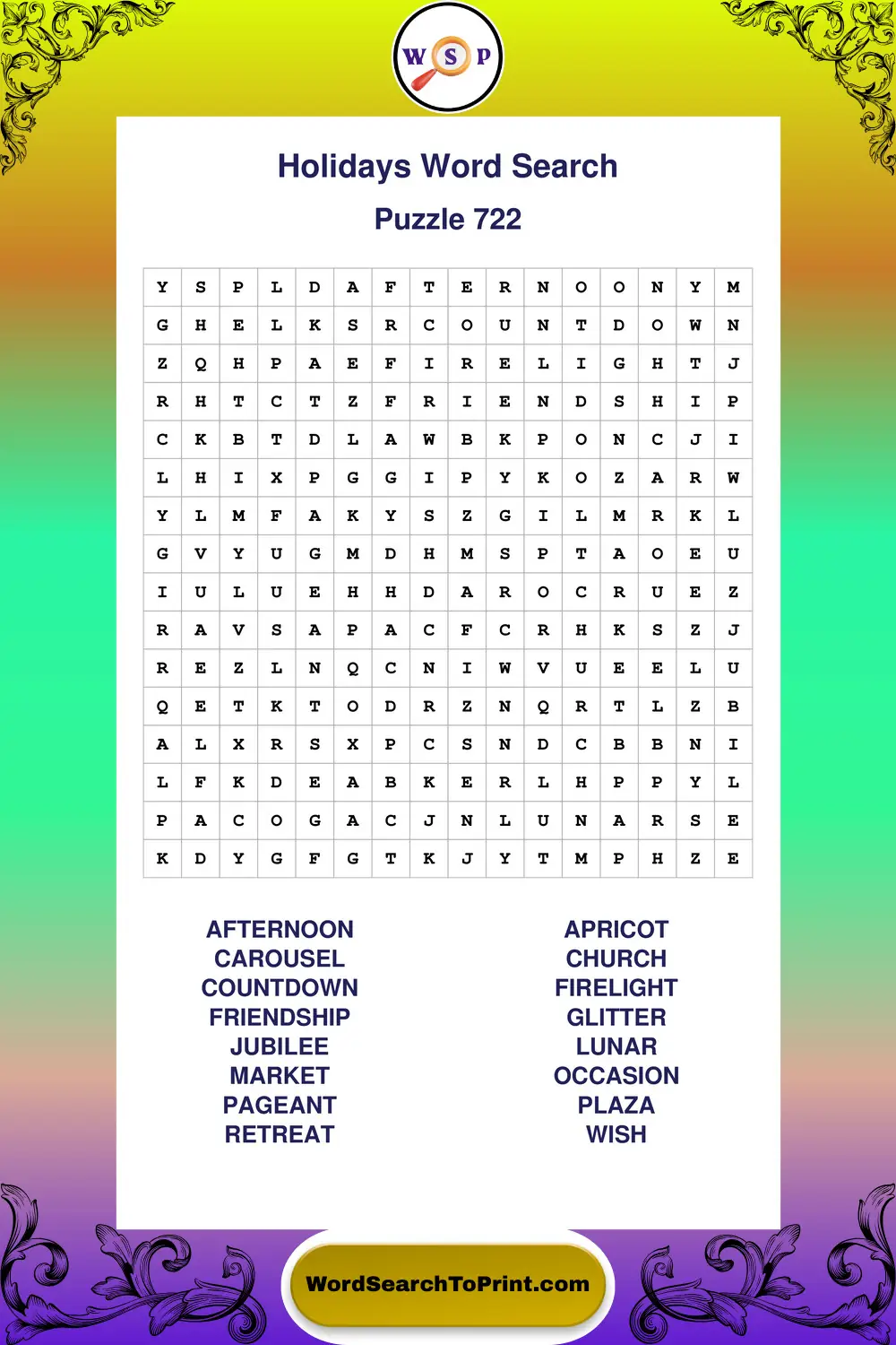 Holidays Word Search Puzzle 722