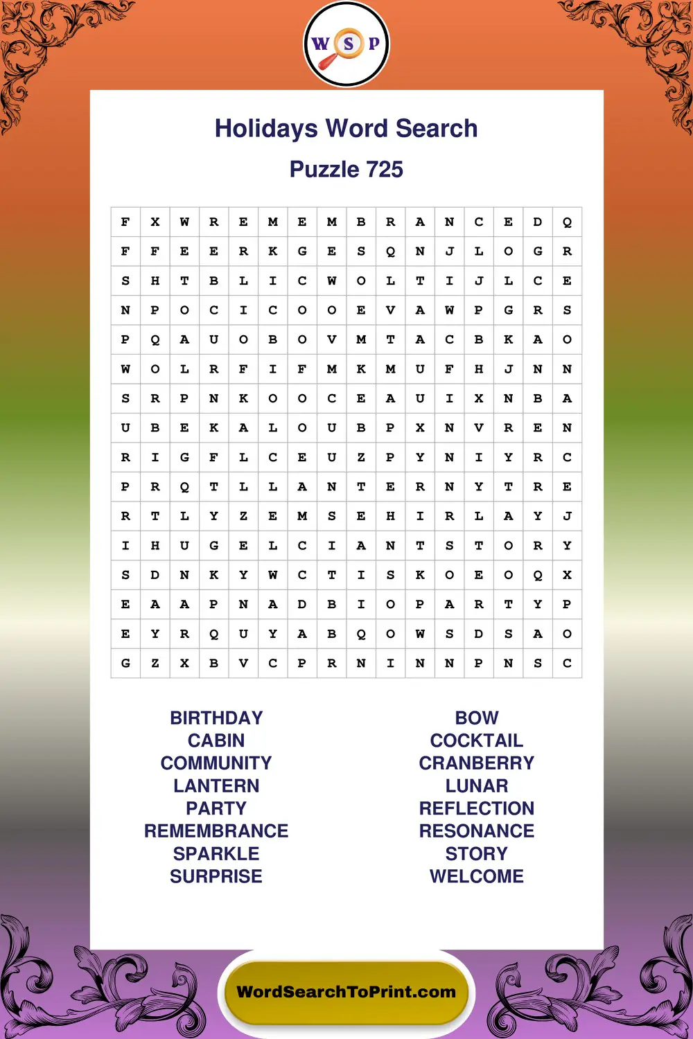 Holidays Word Search Puzzle 725