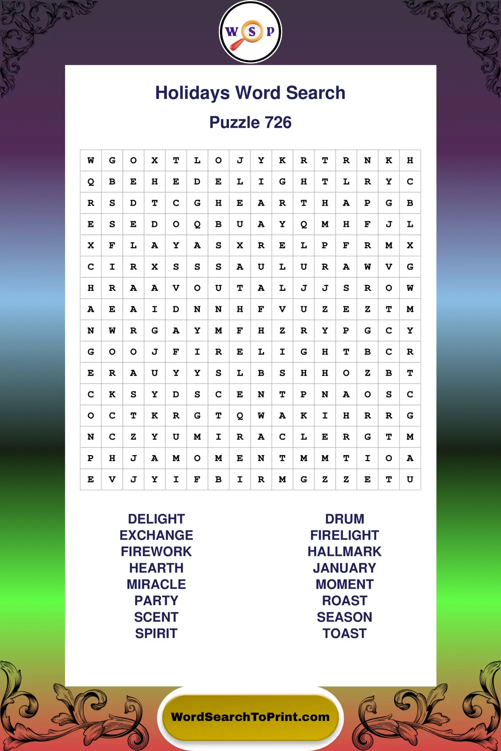Holidays Word Search Puzzle 726