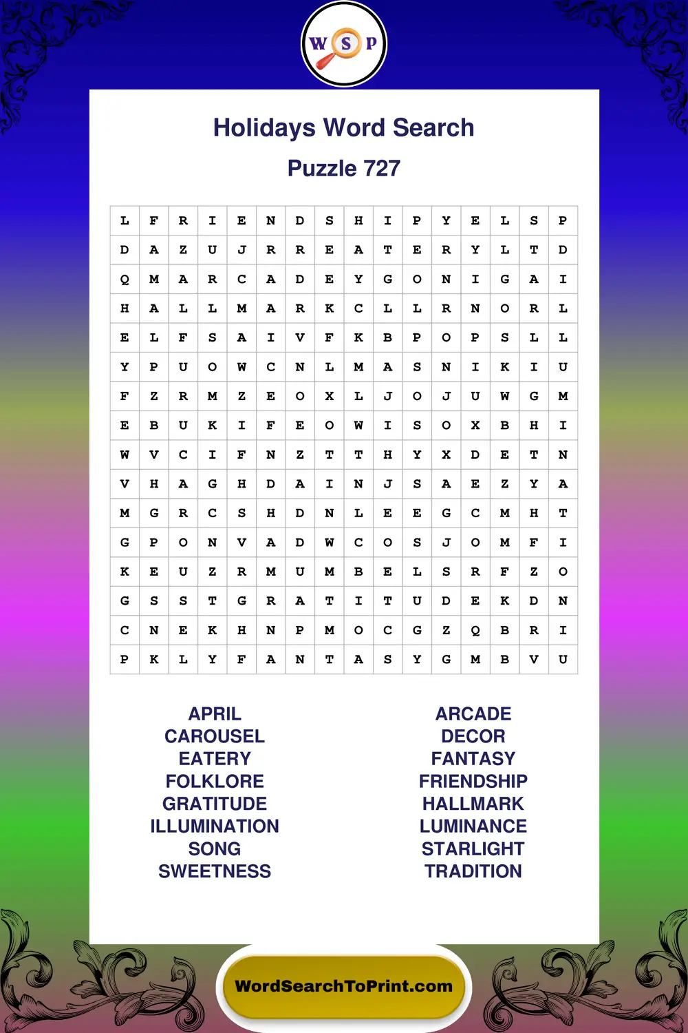 Holidays Word Search Puzzle 727