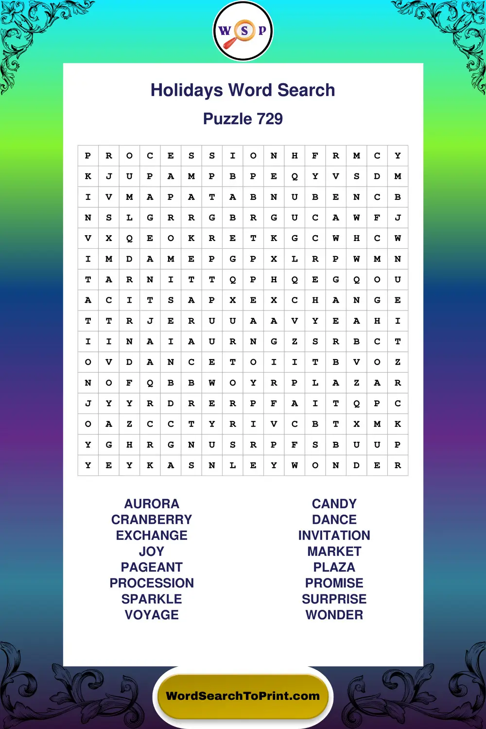 Holidays Word Search Puzzle 729