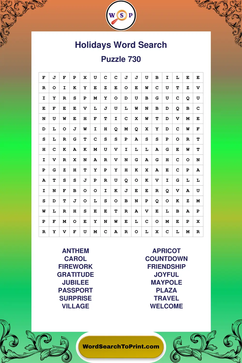 Holidays Word Search Puzzle 730