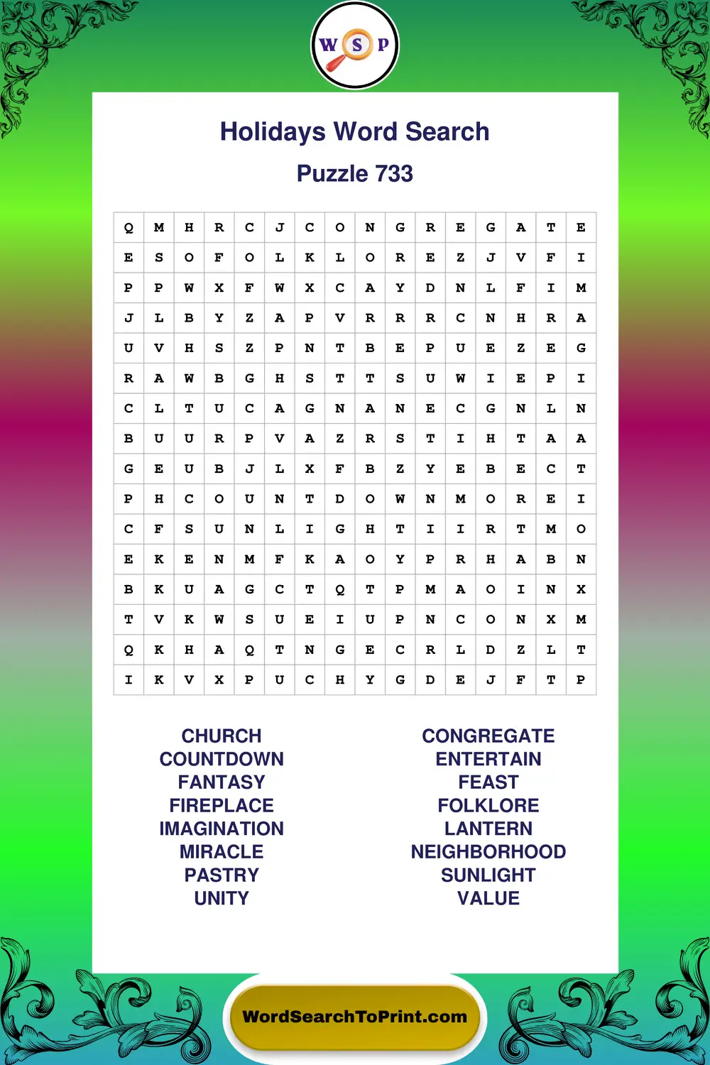 Holidays Word Search Puzzle 733