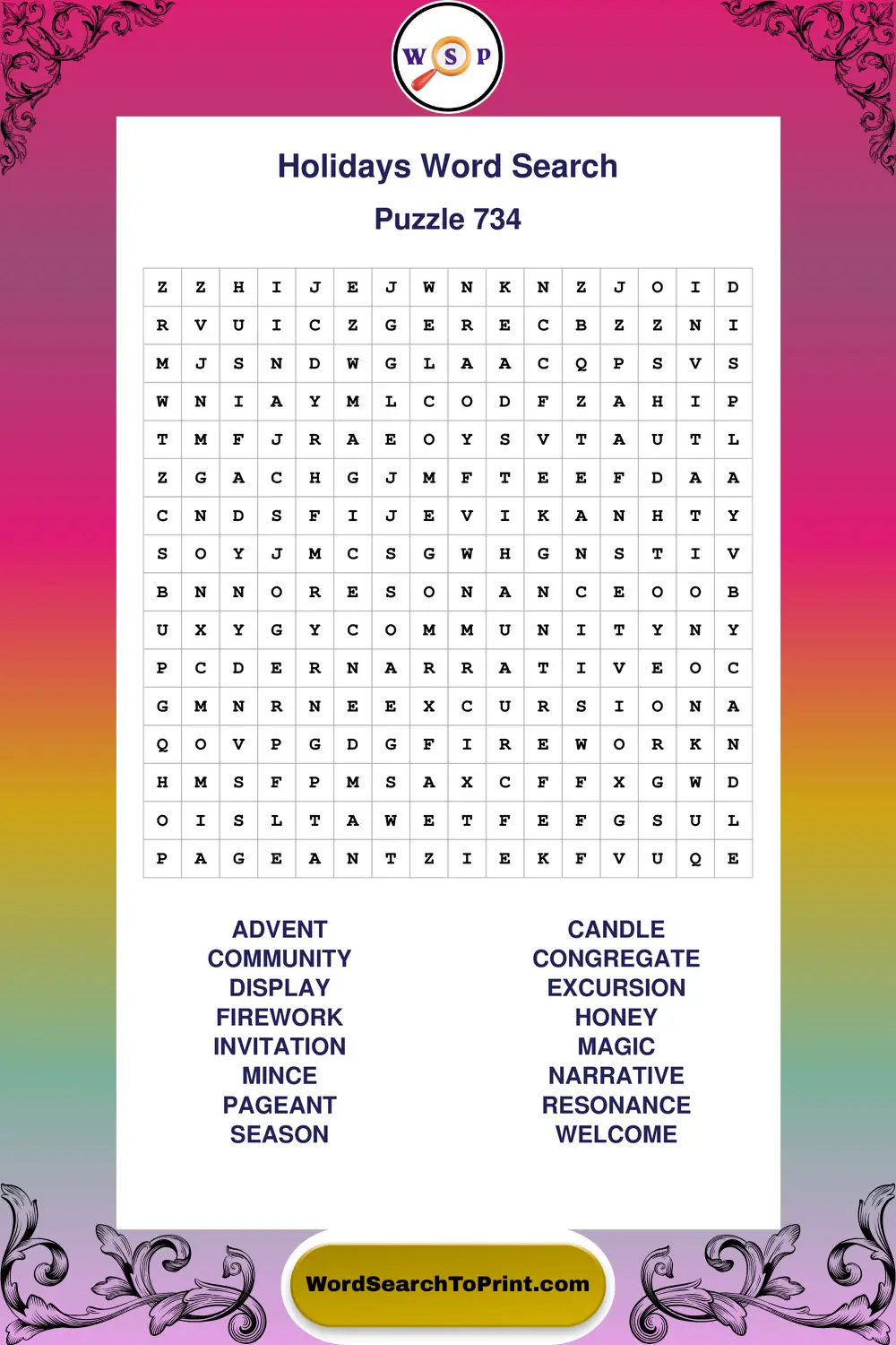 Holidays Word Search Puzzle 734