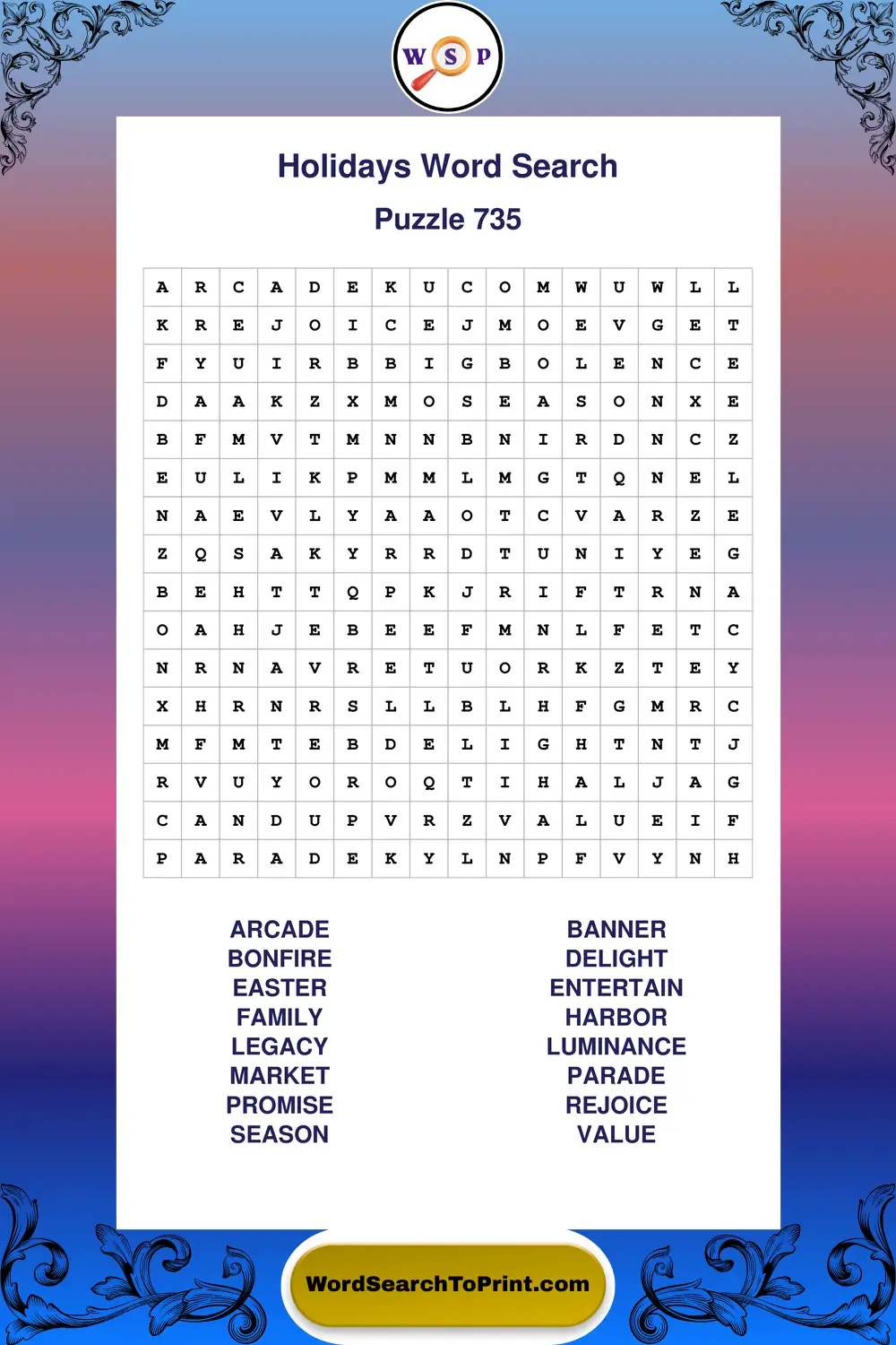 Holidays Word Search Puzzle 735