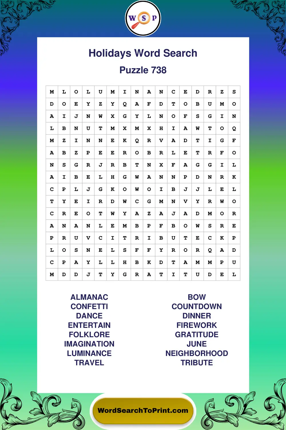Holidays Word Search Puzzle 738