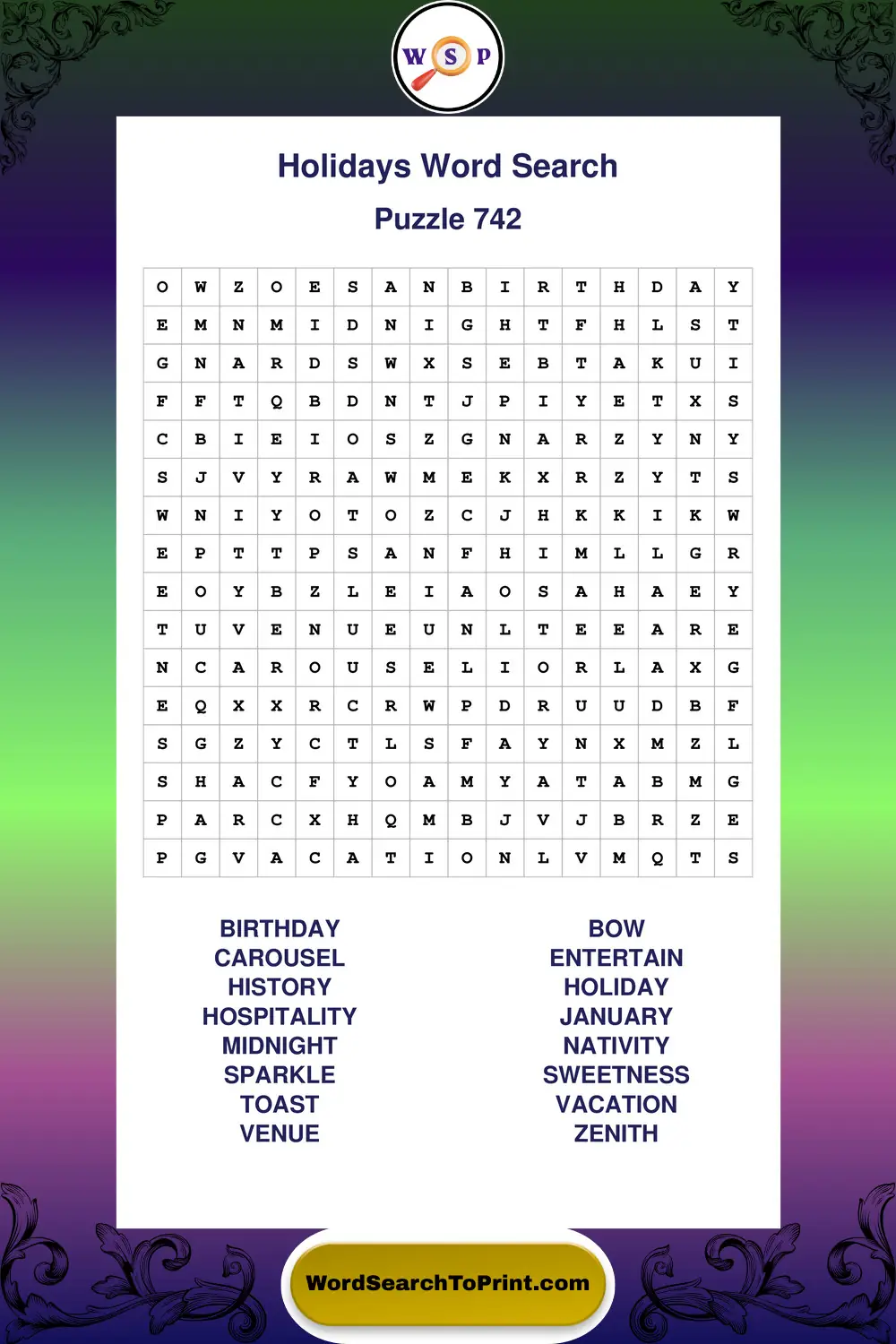 Holidays Word Search Puzzle 742
