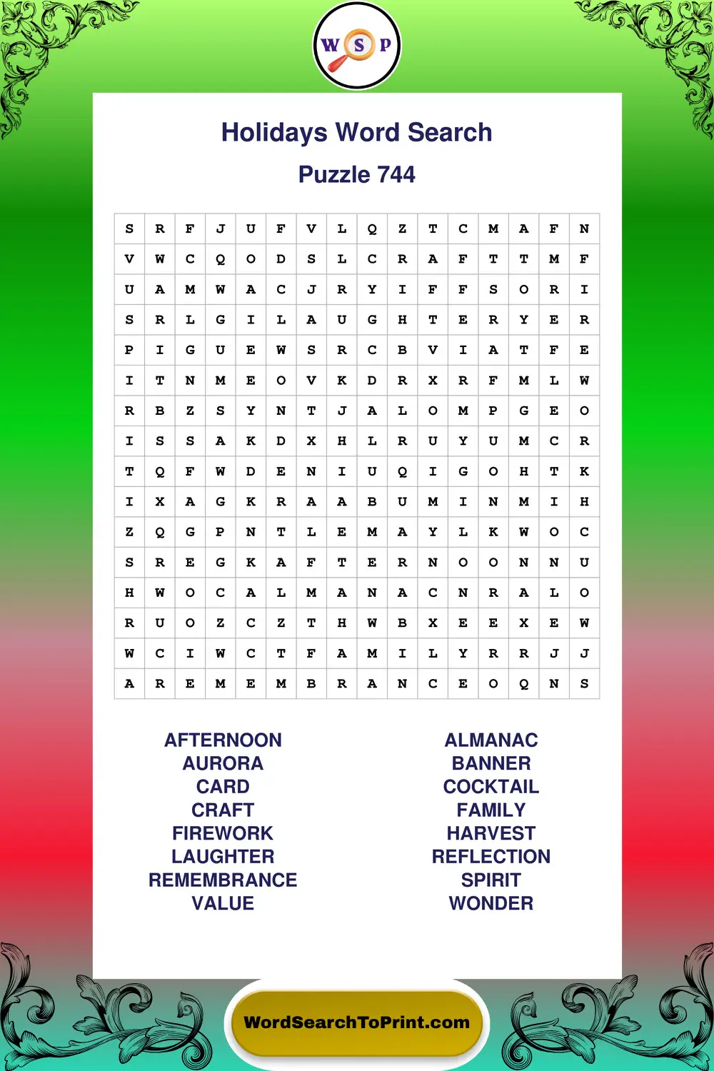 Holidays Word Search Puzzle 744