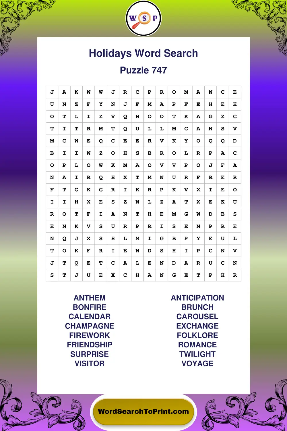 Holidays Word Search Puzzle 747