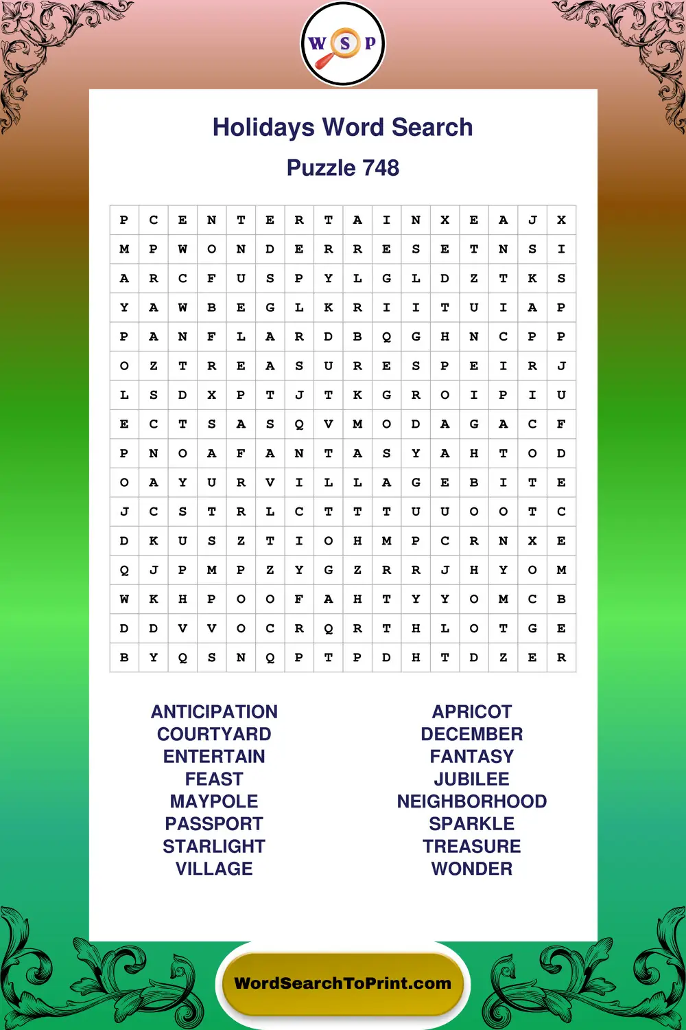 Holidays Word Search Puzzle 748