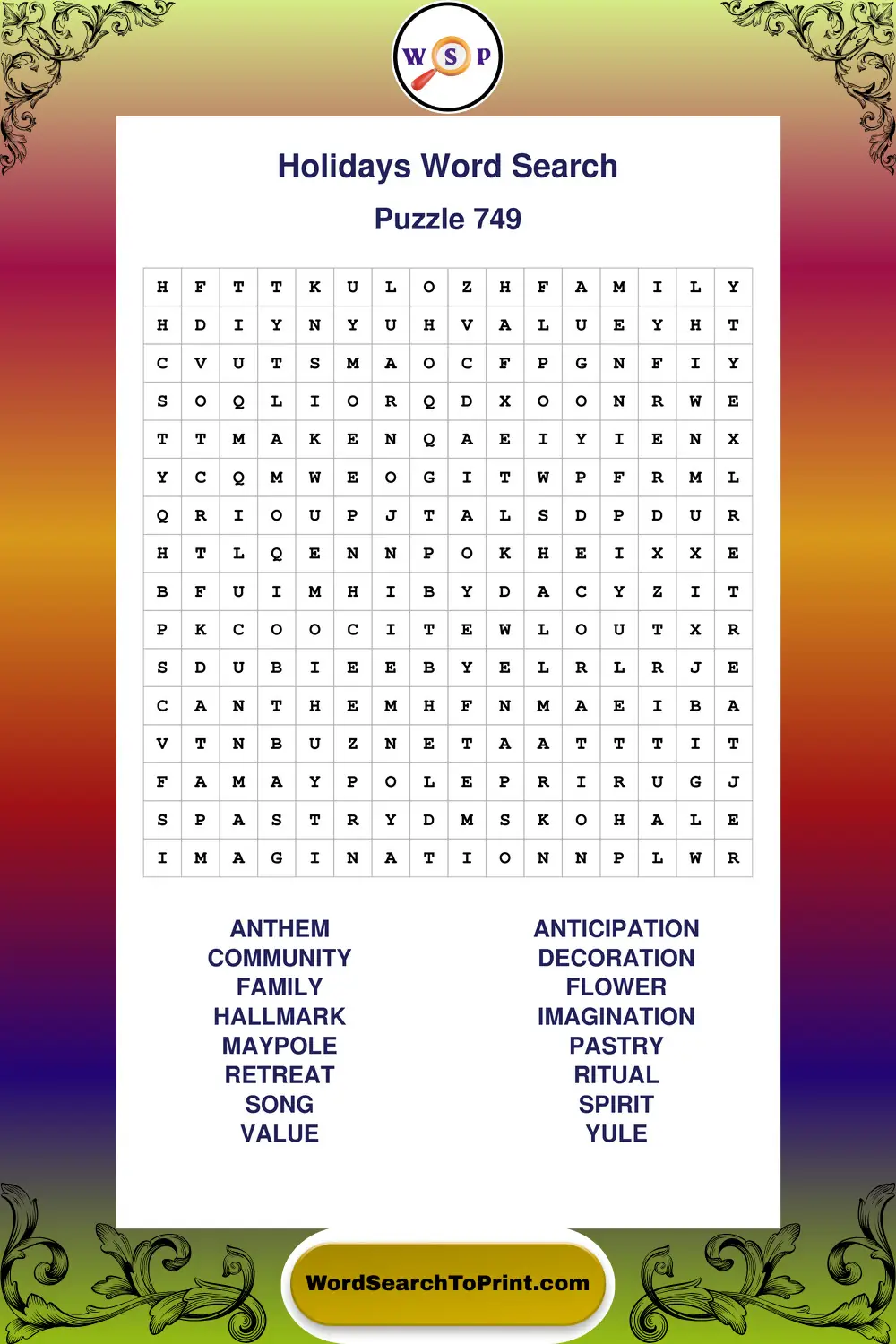 Holidays Word Search Puzzle 749