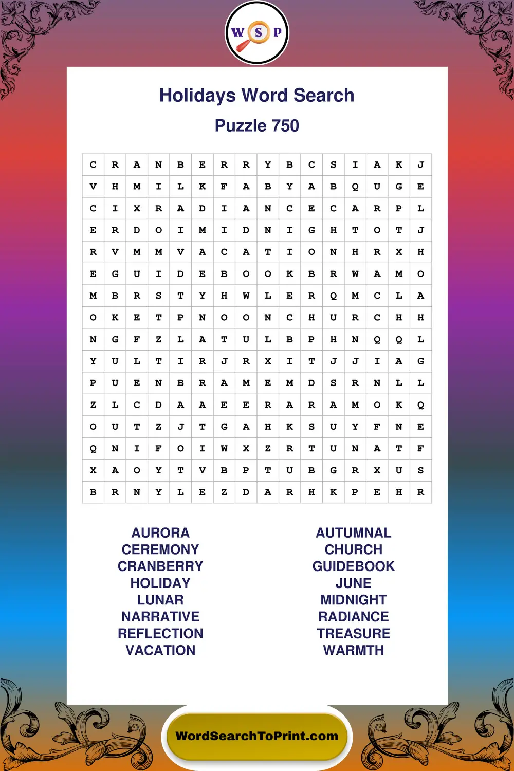 Holidays Word Search Puzzle 750