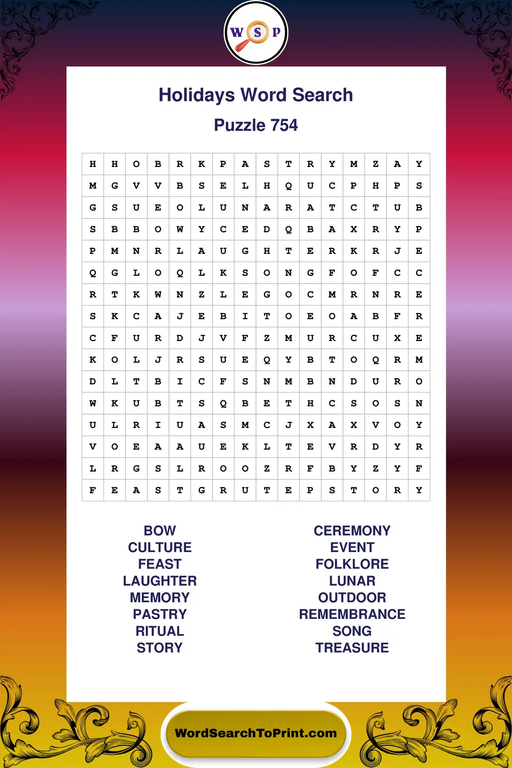 Holidays Word Search Puzzle 754