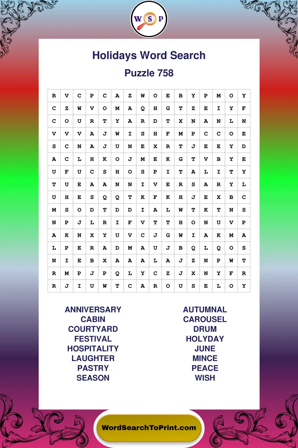 Holidays Word Search Puzzle 758